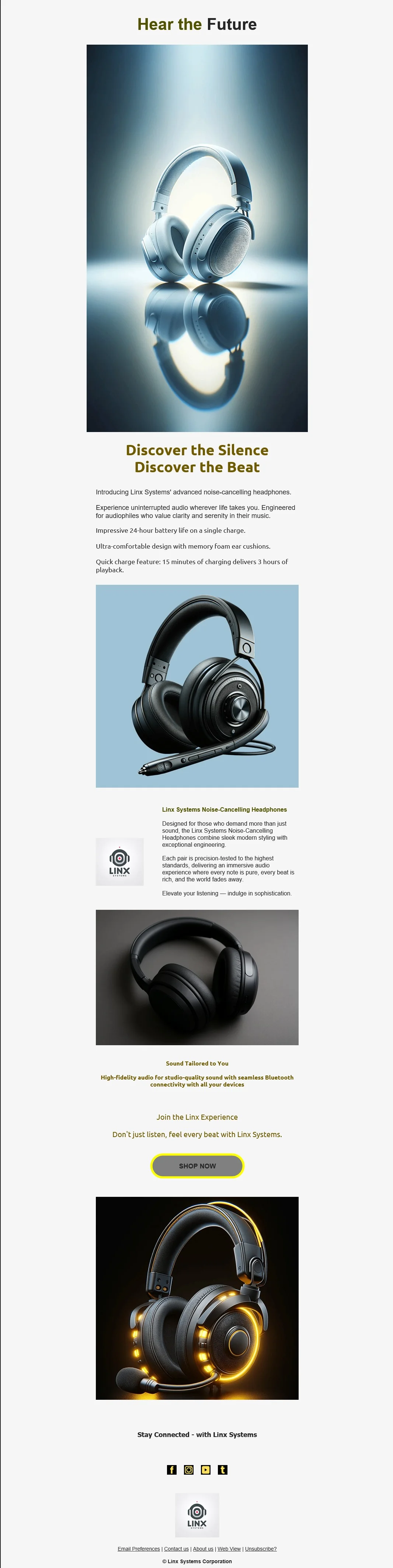Linx Systems promo email with inverted colours: a light background, dark olive headings, and a grey button with a yellow border