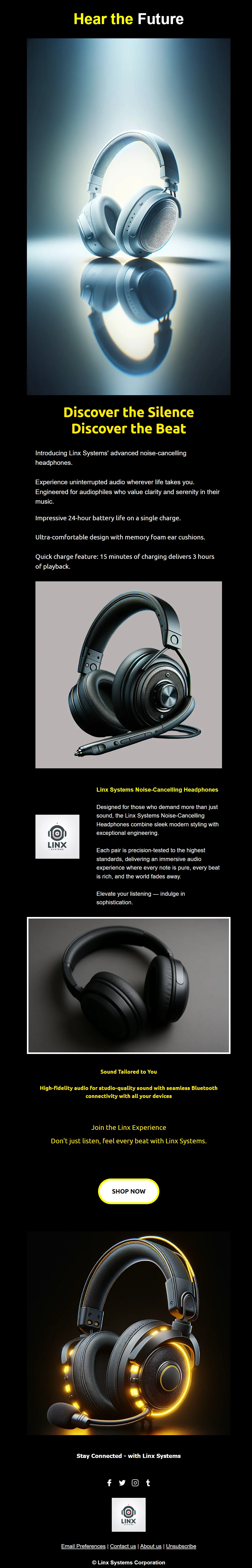 Full Linx Systems promo email on a black background with a yellow headline, product photos, a white SHOP NOW button, and social icons