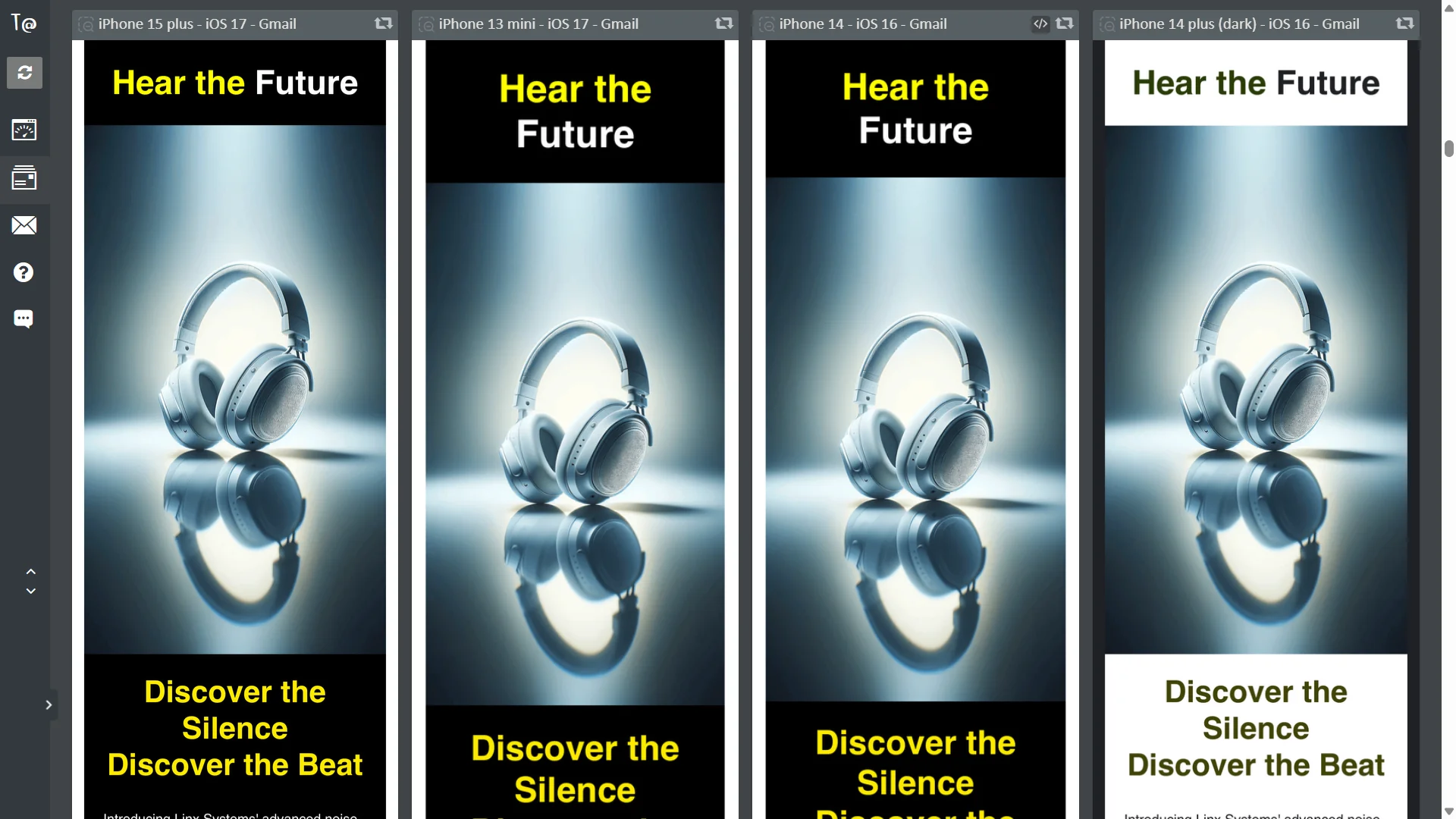 Test grid: Gmail on iPhone 15 plus, iPhone 13 mini, iPhone 14 and iPhone 14 plus (dark)