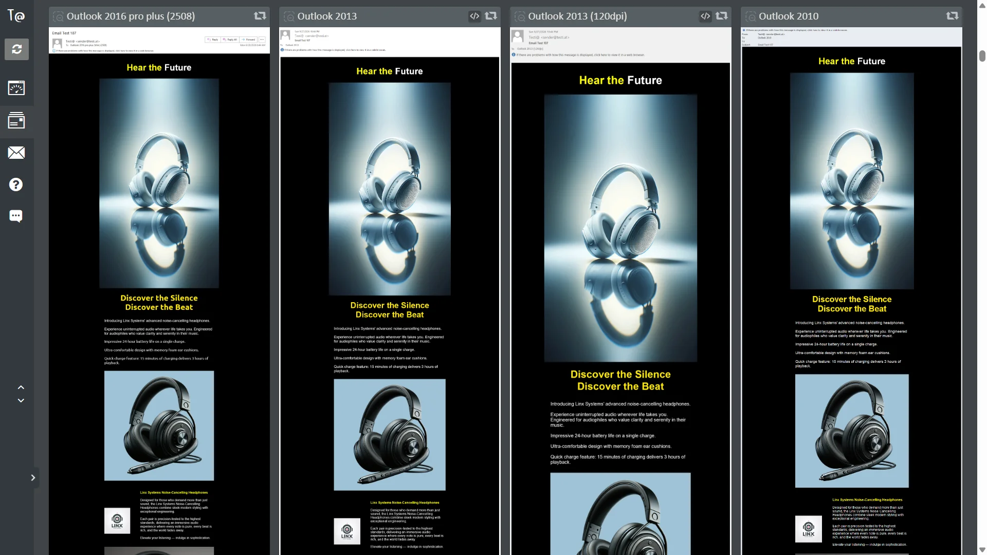 Test grid: Outlook 2016 pro plus, Outlook 2013, Outlook 2013 at 120dpi and Outlook 2010