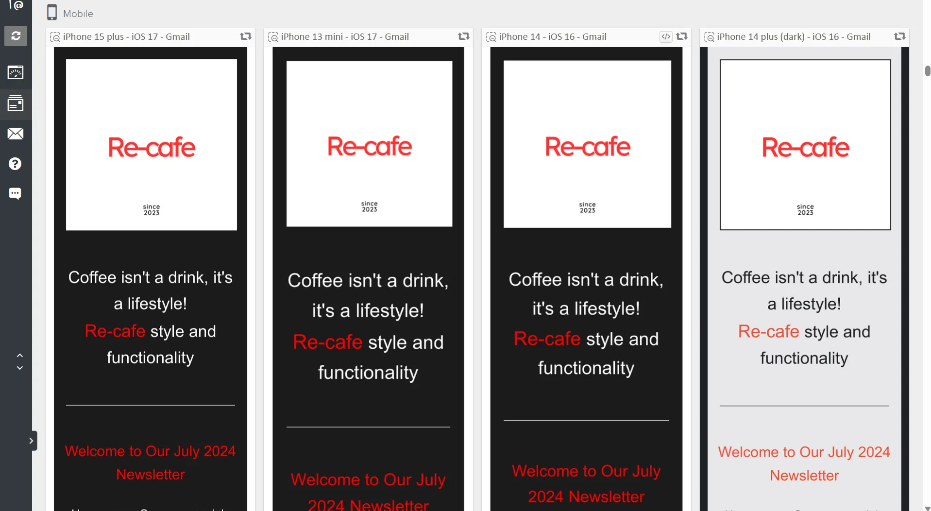 Test results for the Re-cafe newsletter in Gmail on iPhone 15 plus, iPhone 13 mini, iPhone 14 and iPhone 14 plus in dark mode