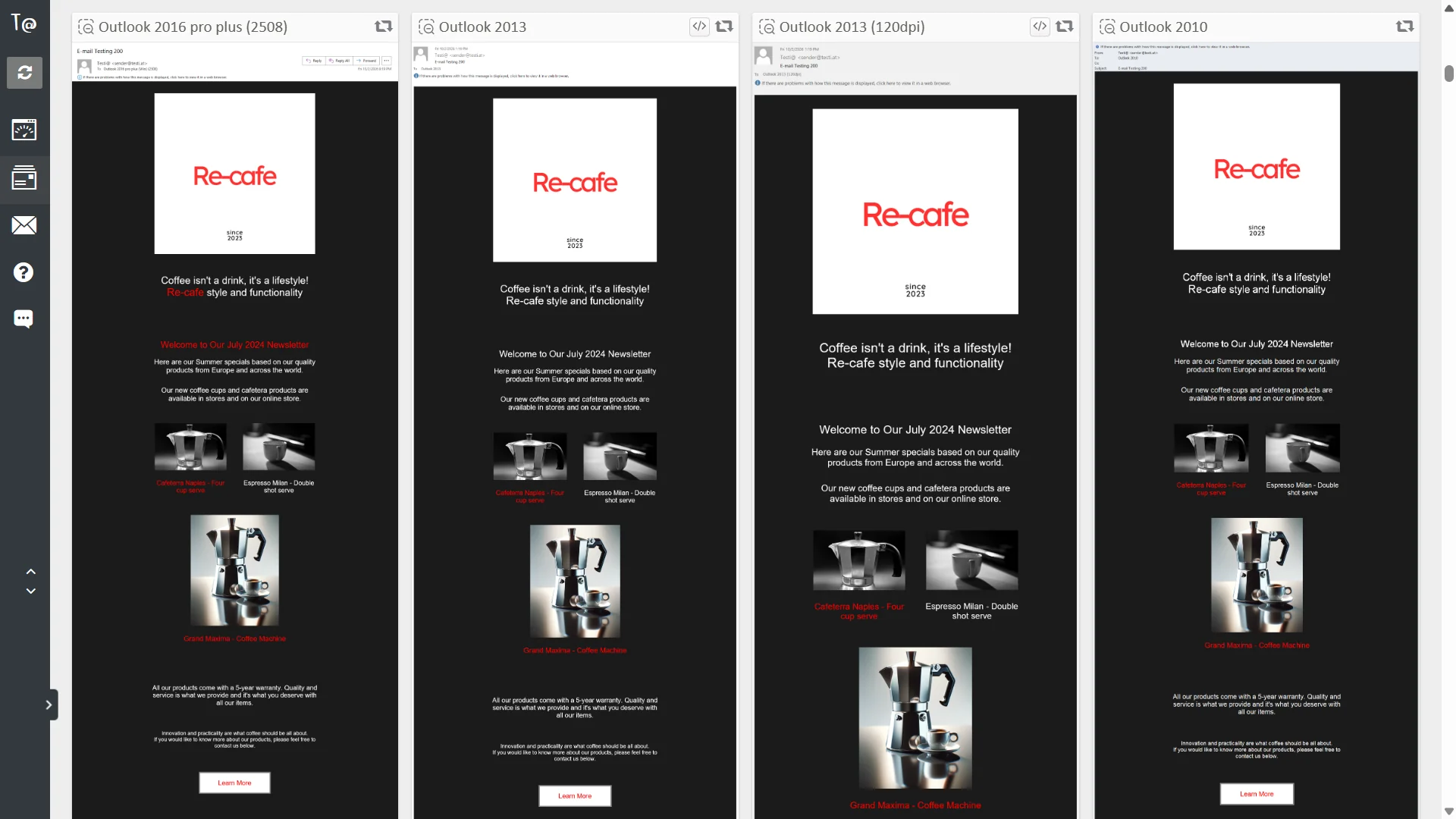 Test results for the Re-cafe newsletter in Outlook 2016 pro plus, Outlook 2013, Outlook 2013 at 120dpi and Outlook 2010